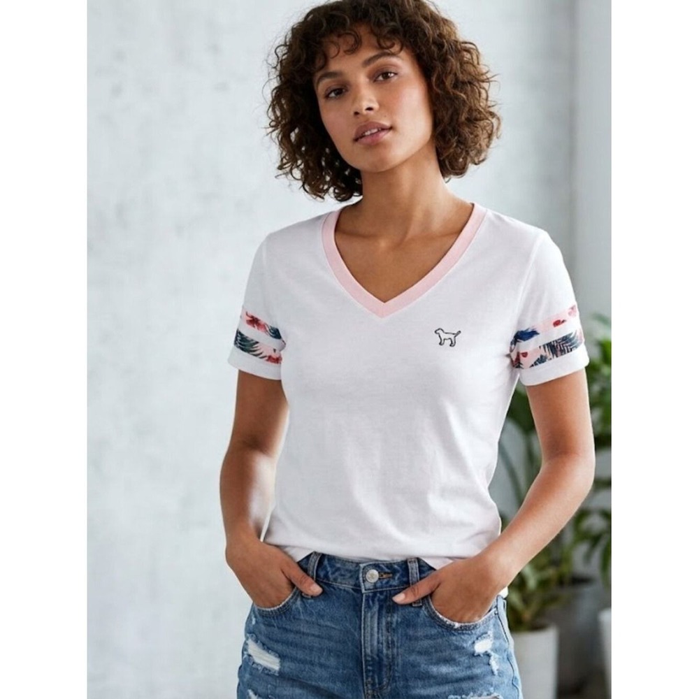 White V-Neck T-Shirt with Pink Trim and Patterned Sleeves